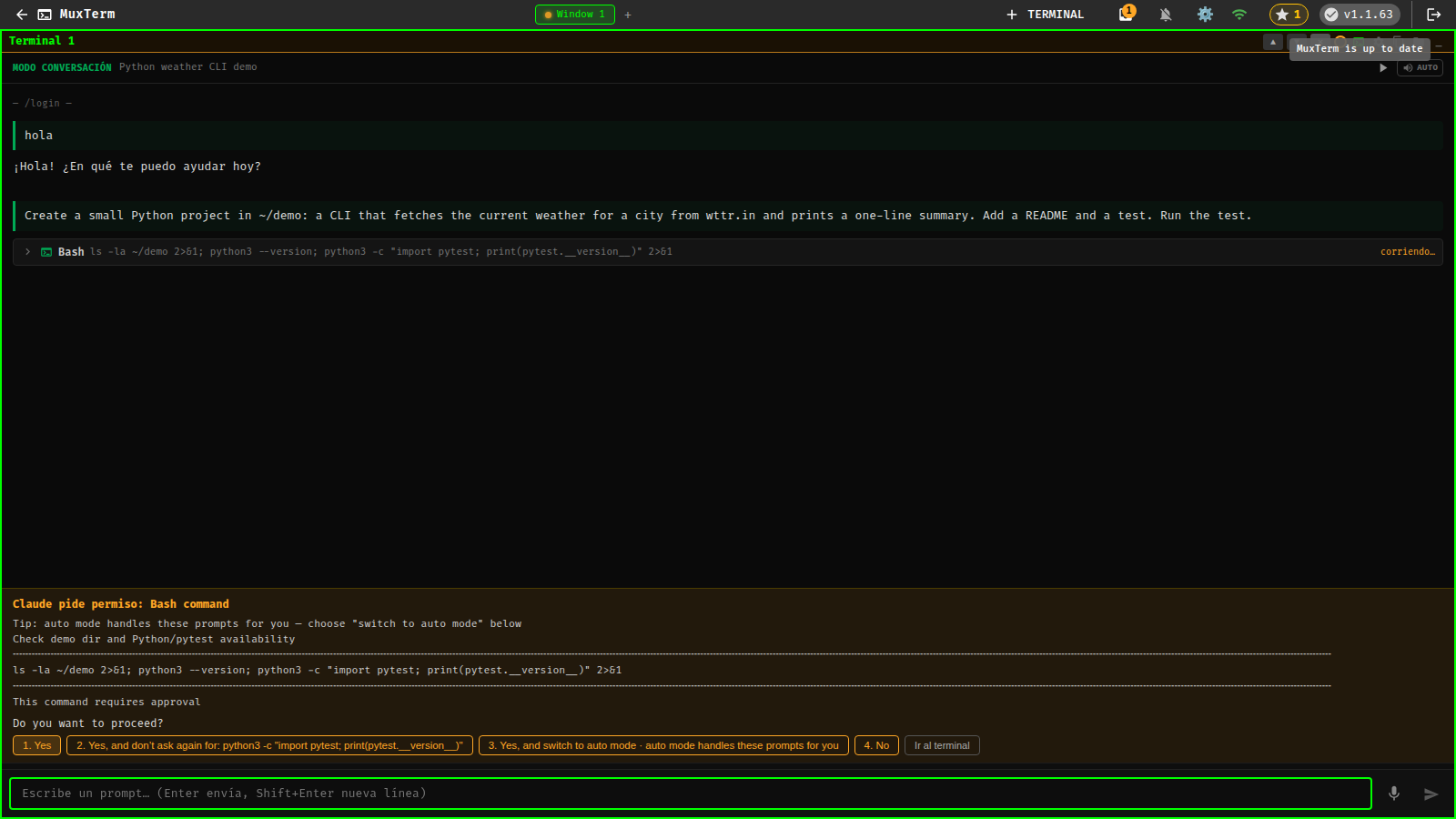 Conversation view of a Claude Code session: rendered transcript, a permission question and suggested replies